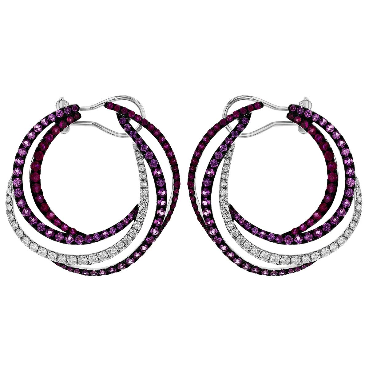Pink Sapphire & Diamond Layered Circle Earrings in White Gold & Black Rhodium
