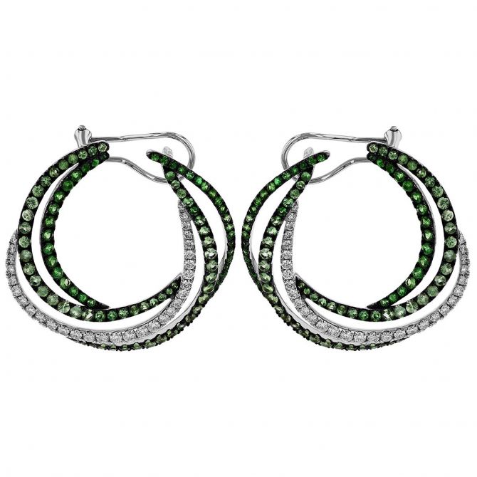 Tsavorite Garnet & Diamond Layered Circle Earrings in White Gold & Black Rhodium