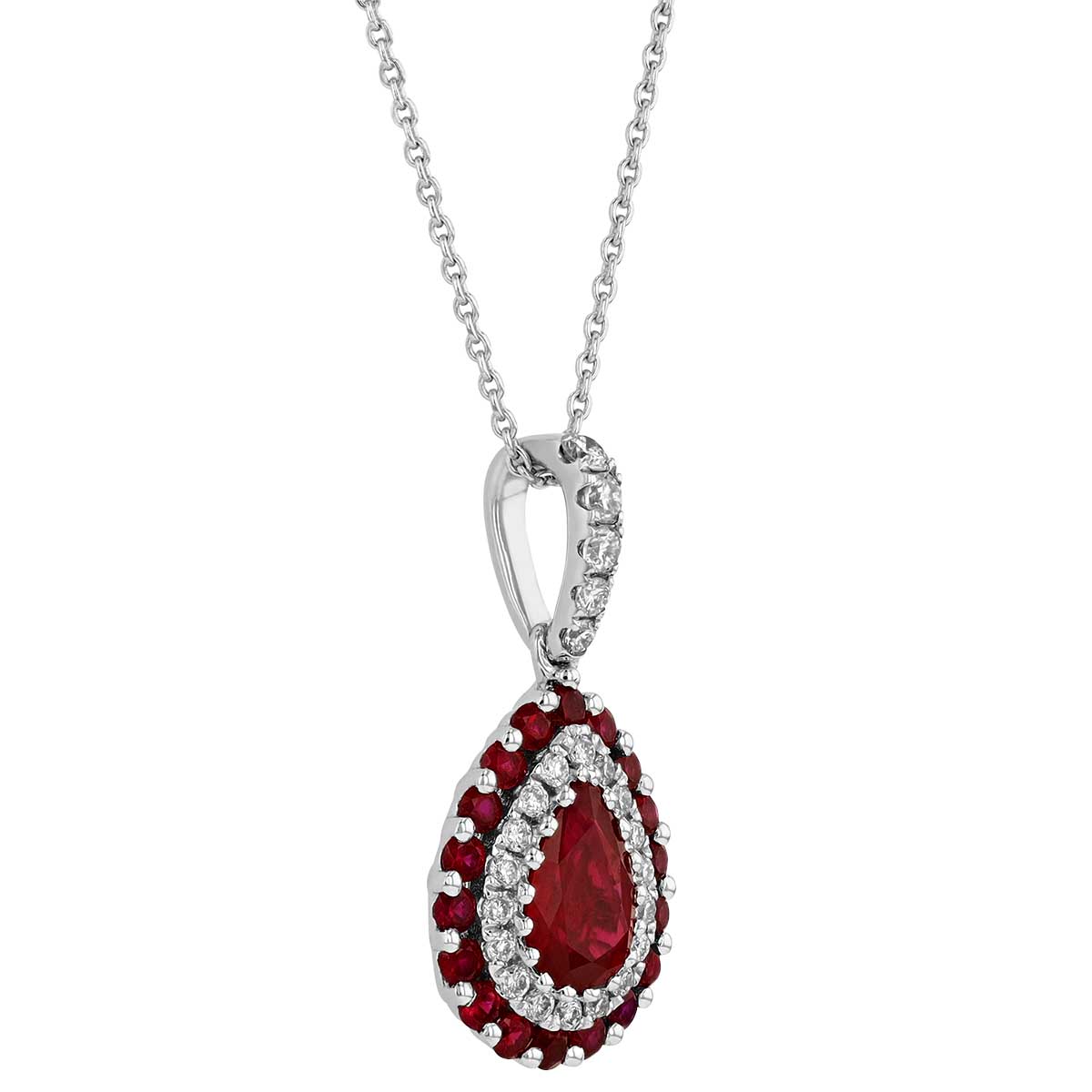 Pear Shaped Ruby with Diamond & Ruby Halo Pendant in White Gold