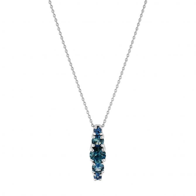 Round Graduated Sapphire 5 Stone Vertical Bar Pendant in White Gold