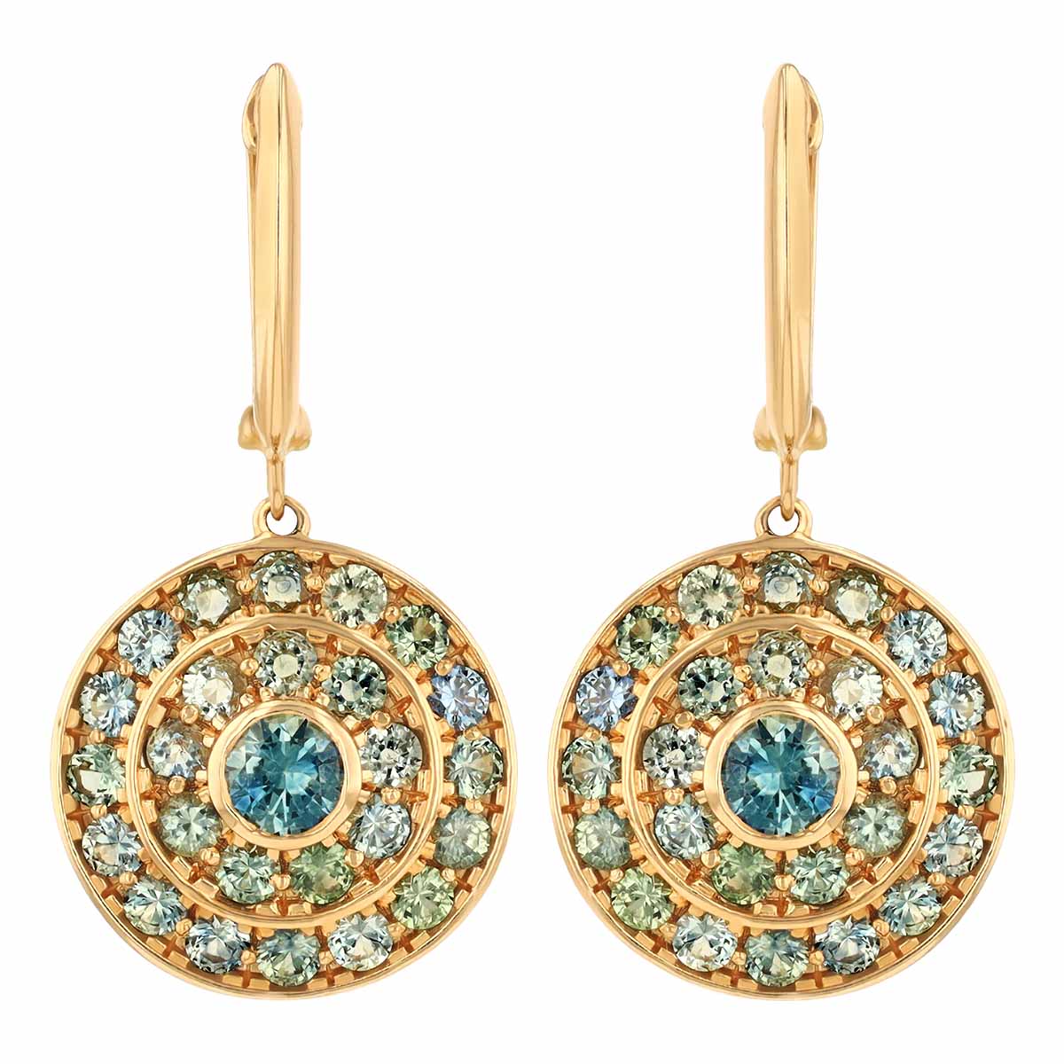 Sapphire Mosaic Round Dangle Earrings in Yellow Gold