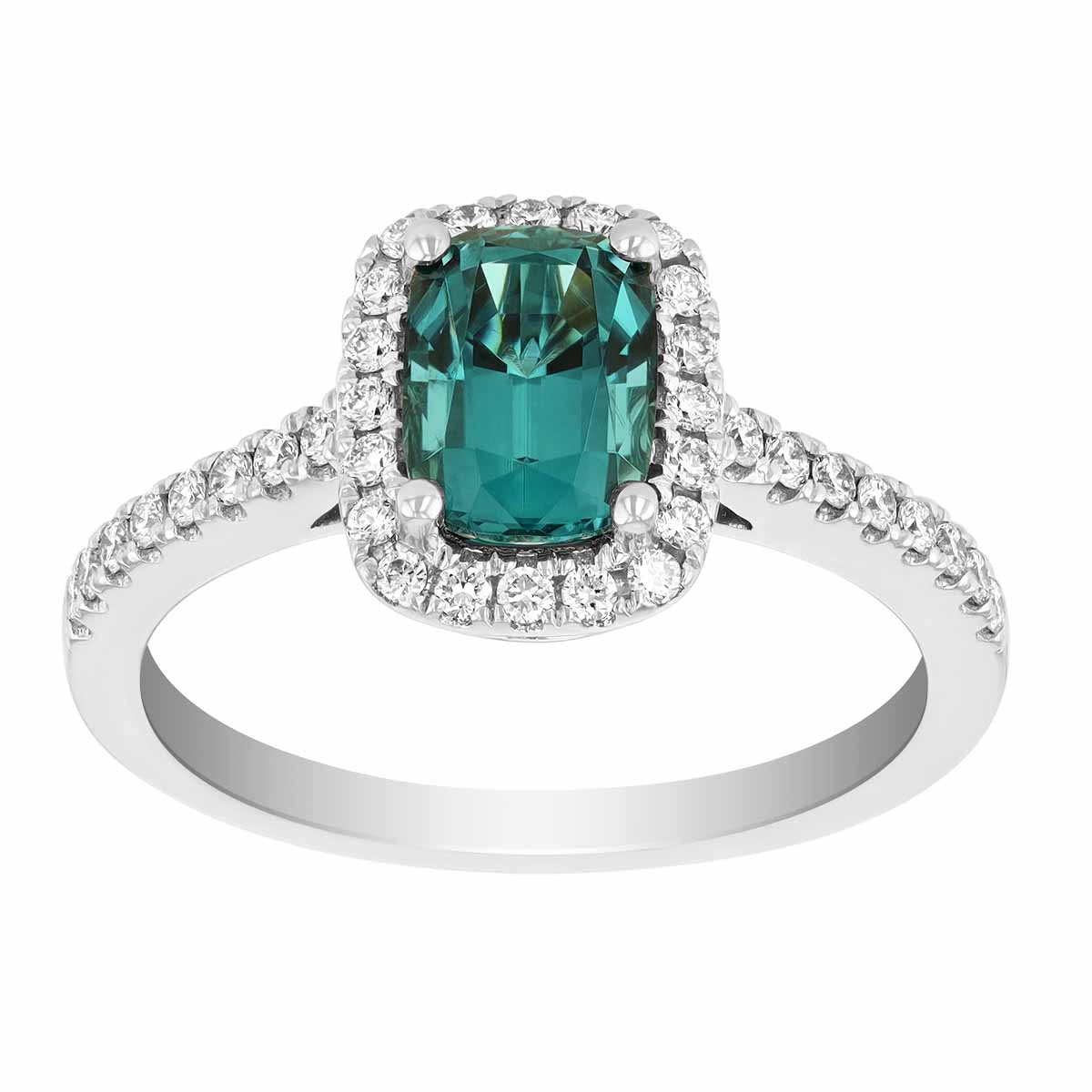Cushion Tourmaline & Diamond Halo and Shank Ring in White Gold Borsheims