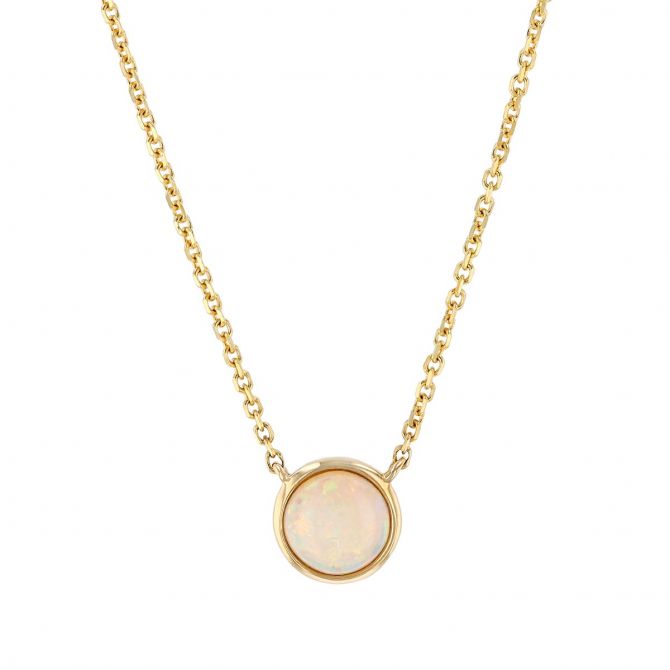 Round Opal Bezel Set Solitaire Pendant in Yellow Gold, 18"
