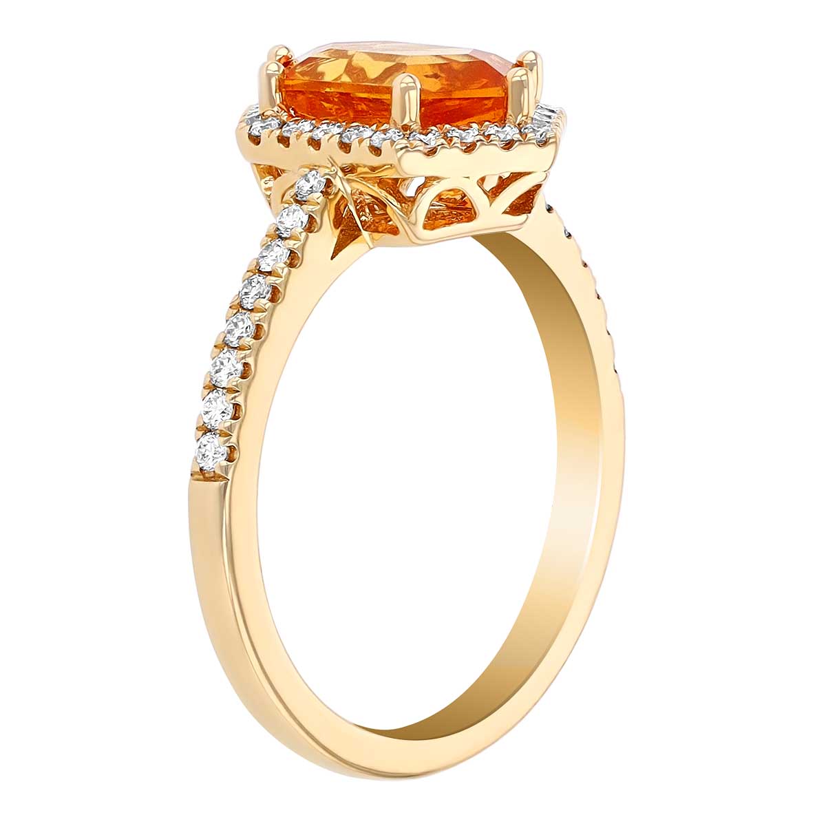 Hexagon Spessartine Garnet & Diamond Pointed Halo and Shank Ring in Yellow Gold