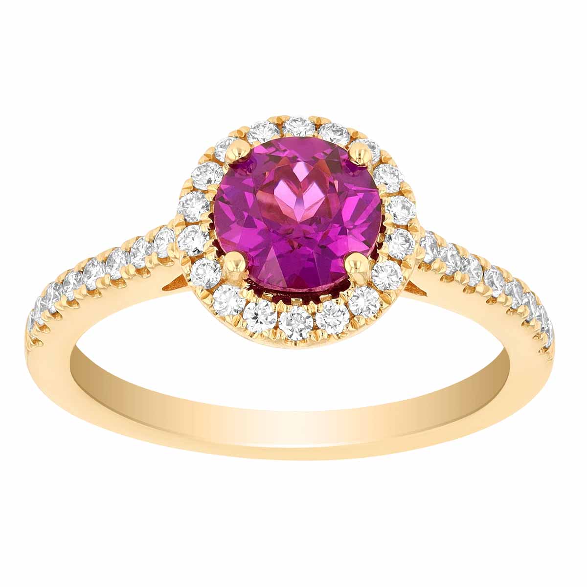 Round Purple Garnet & Diamond Halo and Shank Ring in Yellow Gold