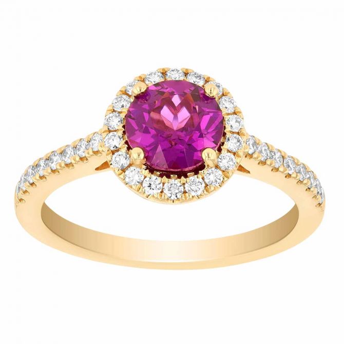 Round Purple Garnet & Diamond Halo and Shank Ring in Yellow Gold
