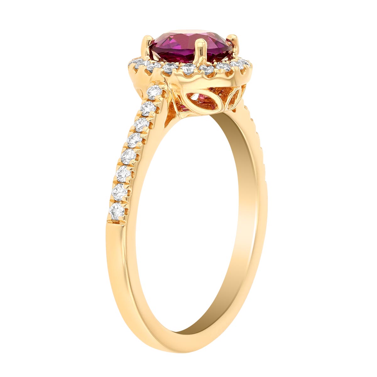Round Purple Garnet & Diamond Halo and Shank Ring in Yellow Gold