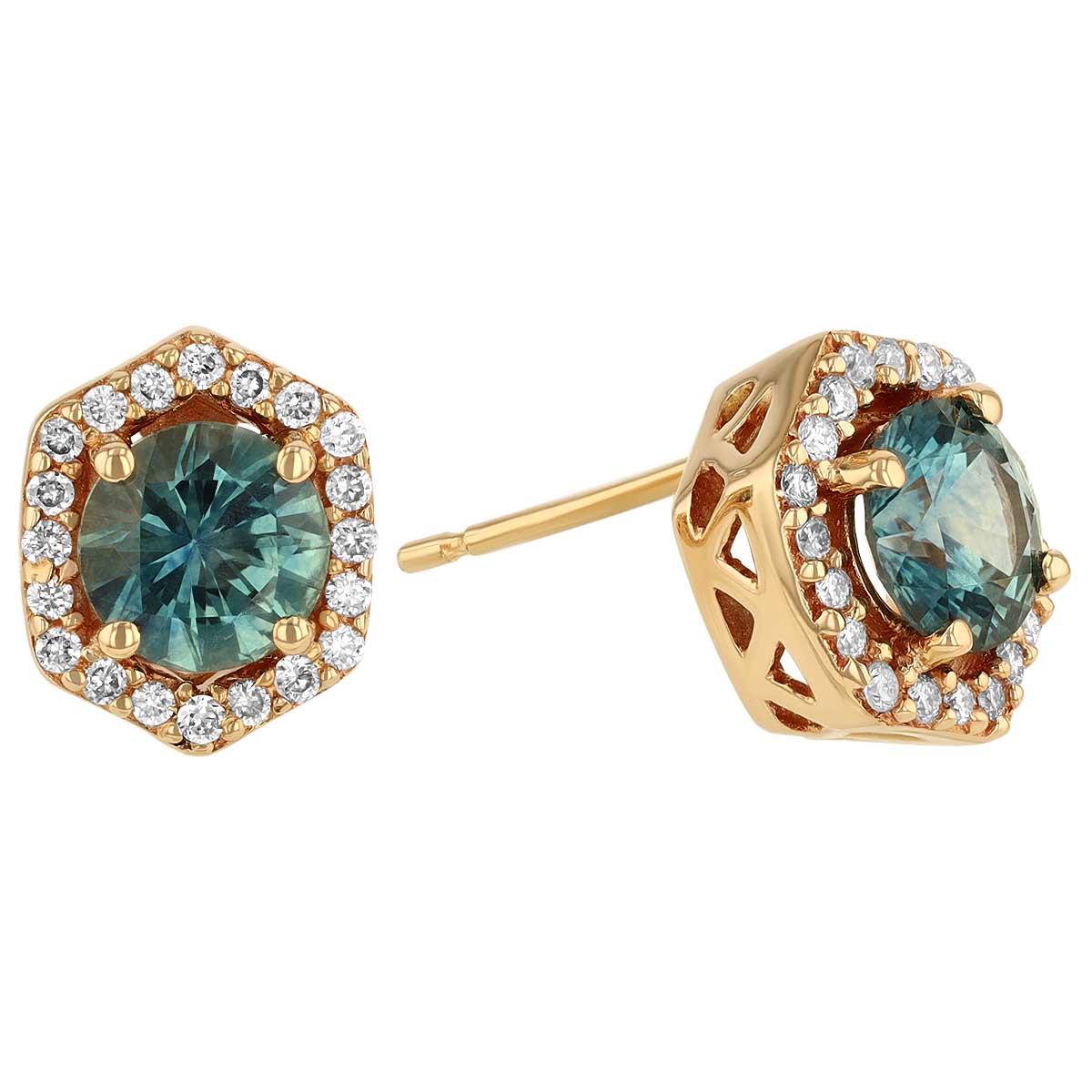Round Sapphire & Diamond Pointed Halo Stud Earrings in Yellow Gold