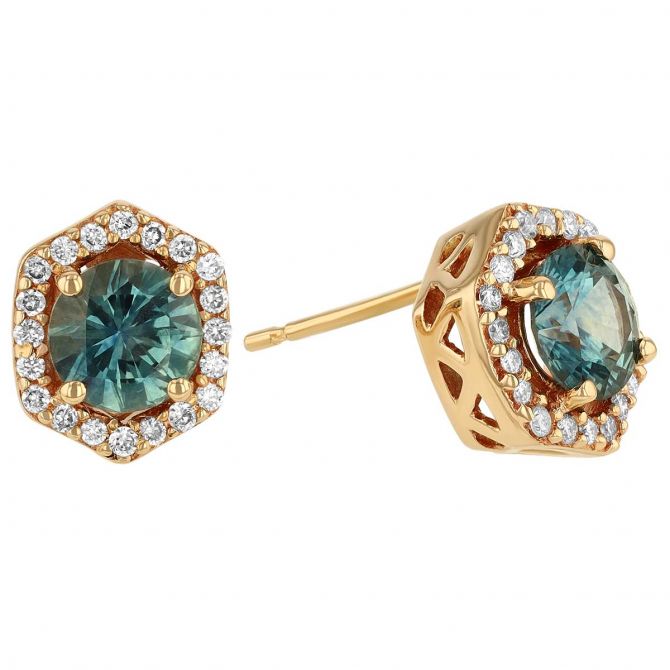 Round Sapphire & Diamond Pointed Halo Stud Earrings in Yellow Gold
