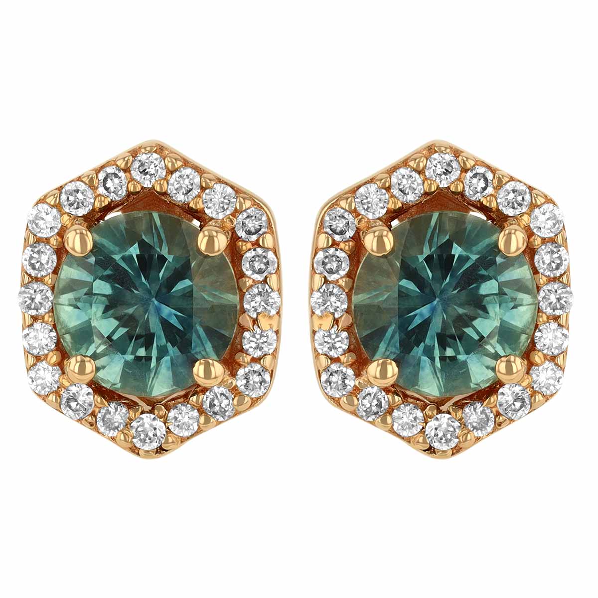 Round Sapphire & Diamond Pointed Halo Stud Earrings in Yellow Gold