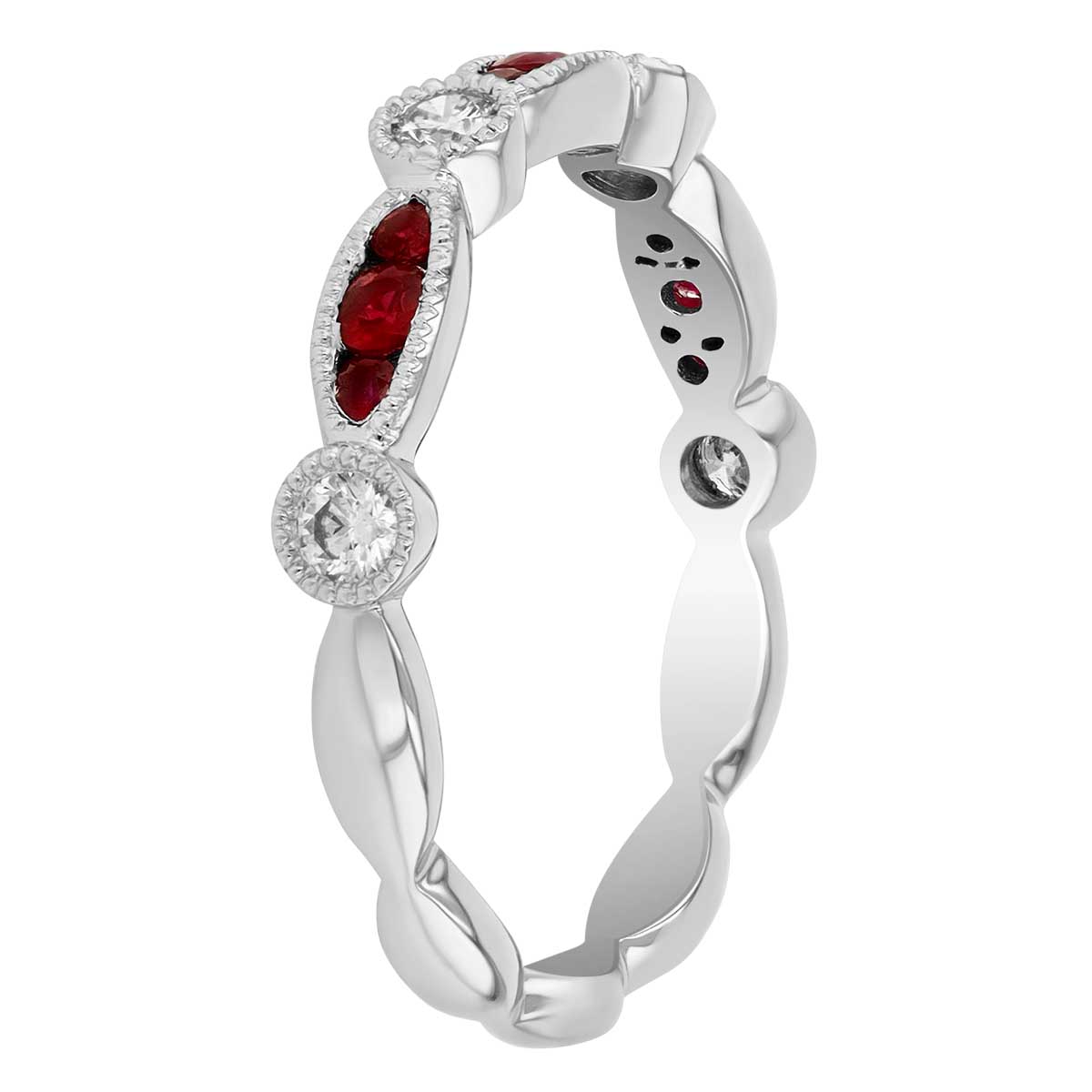 Ruby & Diamond Milgrain Alternating Bezel Set Ring in White Gold