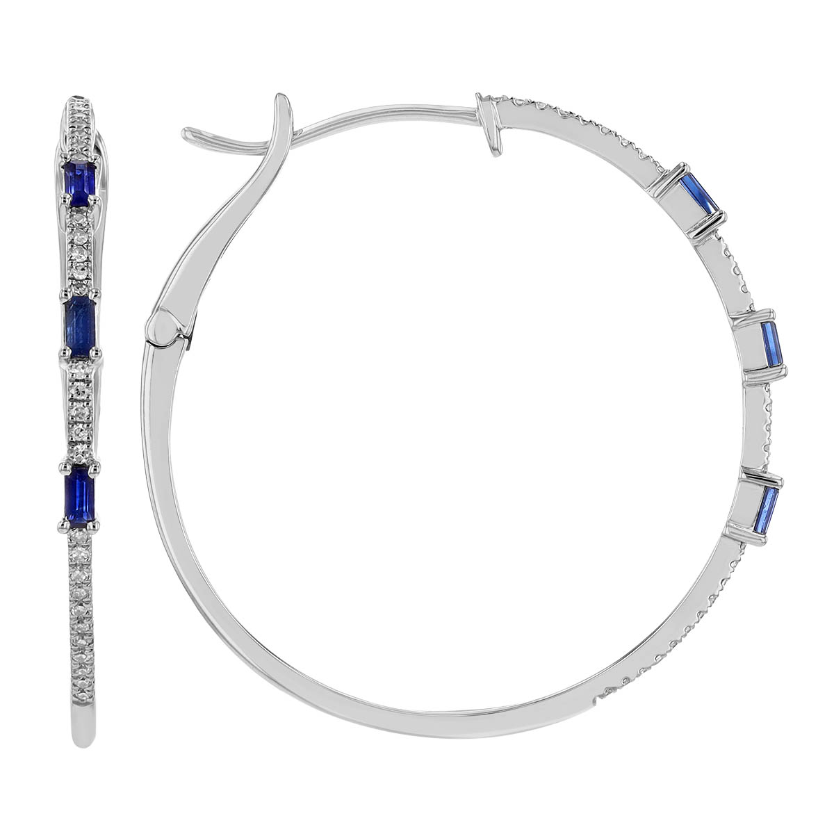 Baguette Sapphire Trio & Round Diamond Hoop Earrings in White Gold