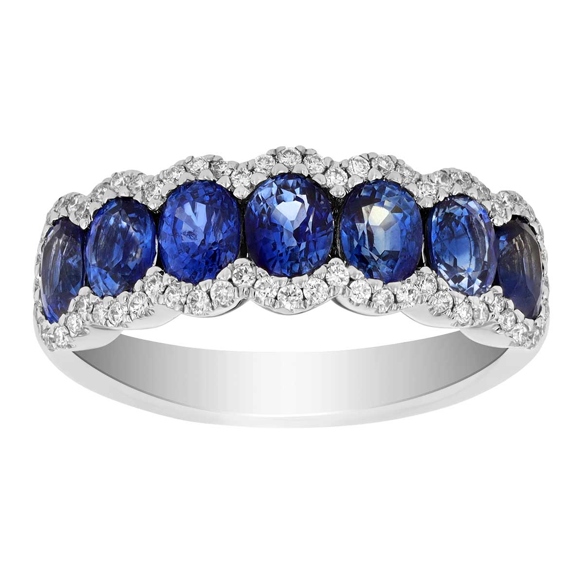 Oval Sapphire & Diamond Scalloped Halo Ring in White Gold