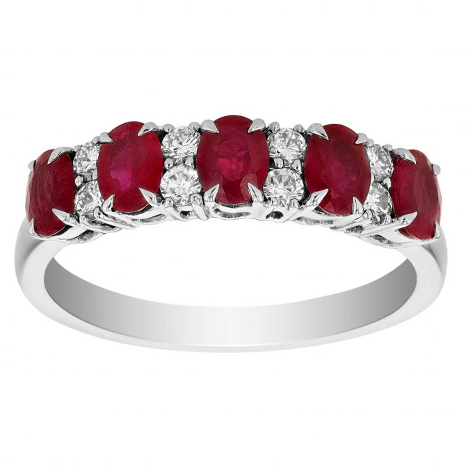Oval Ruby & Round Diamond Duo Alternating Ring in White Gold