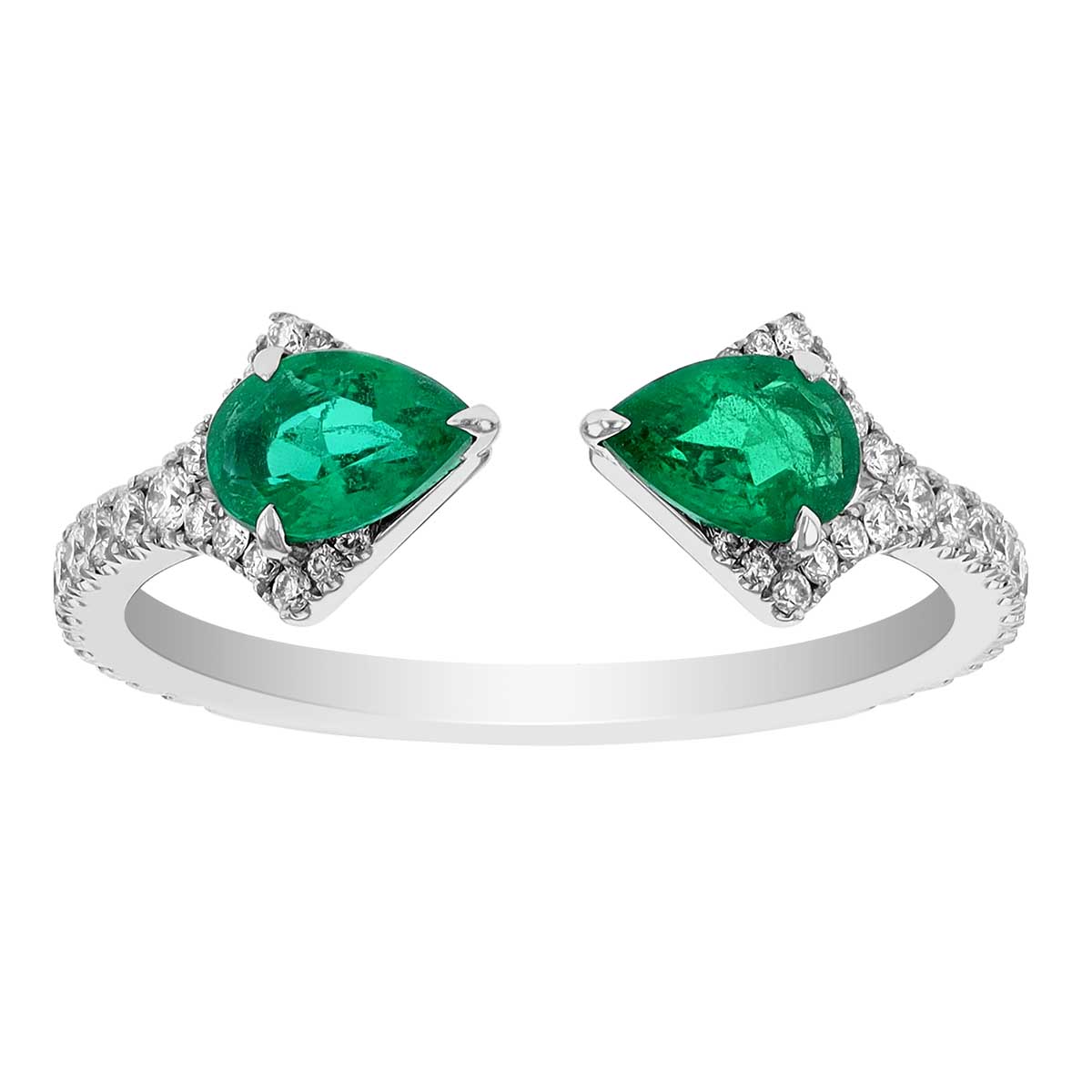Pear Shaped Emerald & Diamond Pointed Edge Open Band Ring in White Gold