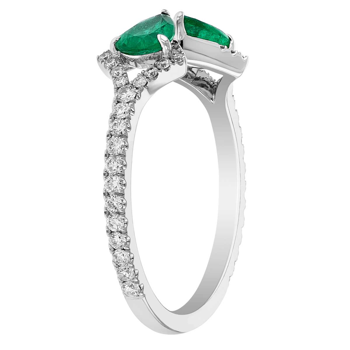 Pear Shaped Emerald & Diamond Pointed Edge Open Band Ring in White Gold