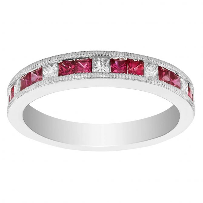 Princess Cut Ruby & Diamond Milgrain Pattern Ring in White Gold