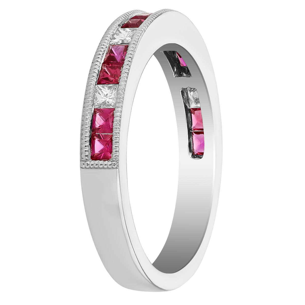 Princess Cut Ruby & Diamond Milgrain Pattern Ring in White Gold