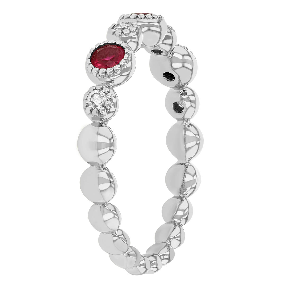 Round Ruby & Diamond Bezel Set Milgrain Patterned Beaded Ring in White Gold