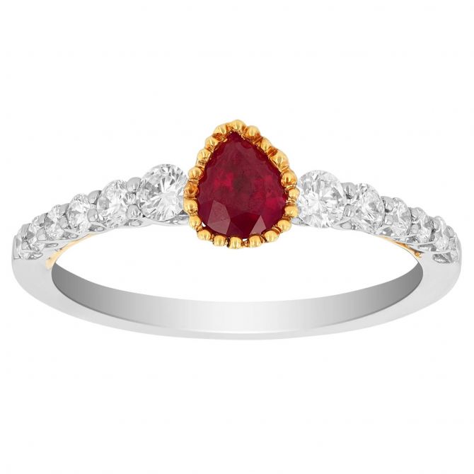 Pear Shaped Ruby & Diamond Ring in White & Yellow Gold