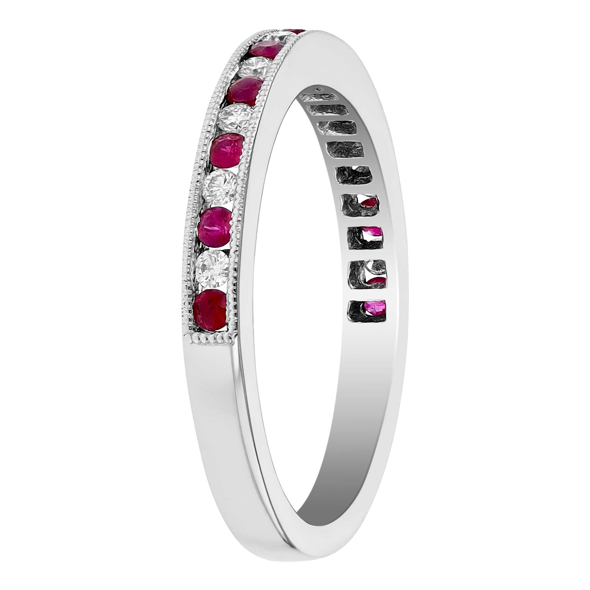 Round Ruby & Diamond Alternating Channel Set Milgrain Ring in White Gold