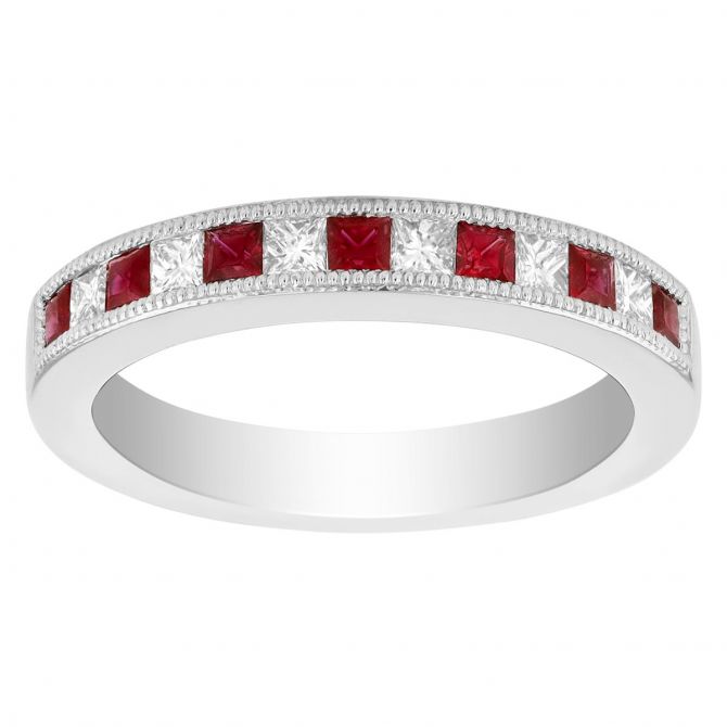 Princess Cut Ruby & Diamond Alternating Pattern Ring in White Gold