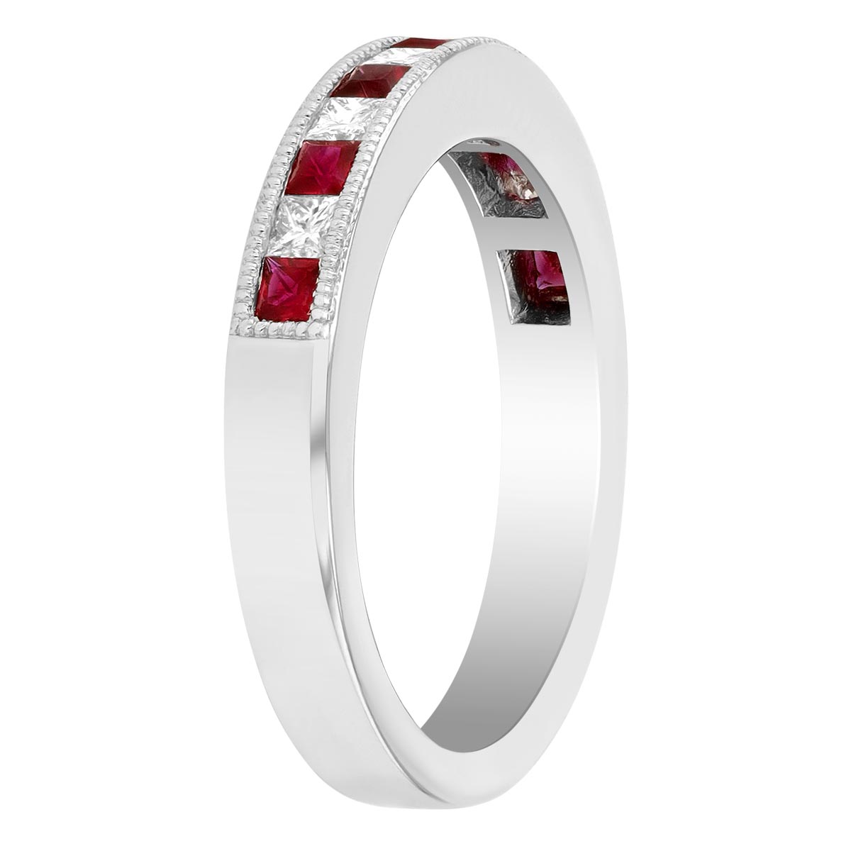 Princess Cut Ruby & Diamond Alternating Pattern Ring in White Gold