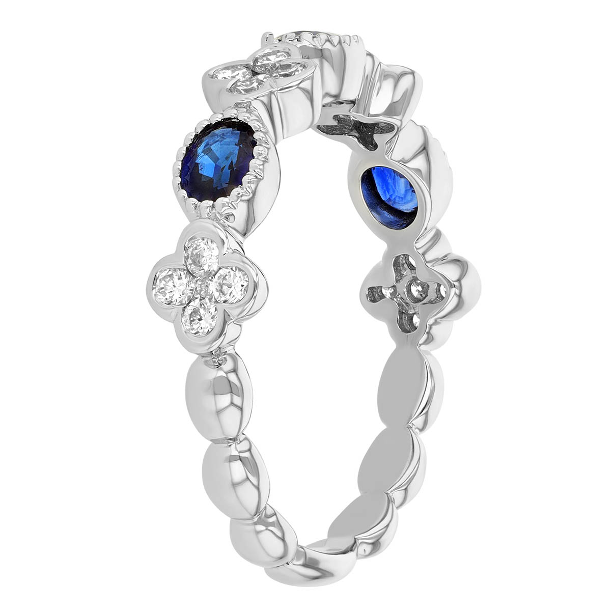 Oval Sapphire & Diamond Cluster Bezel Set Patterned Ring in White Gold