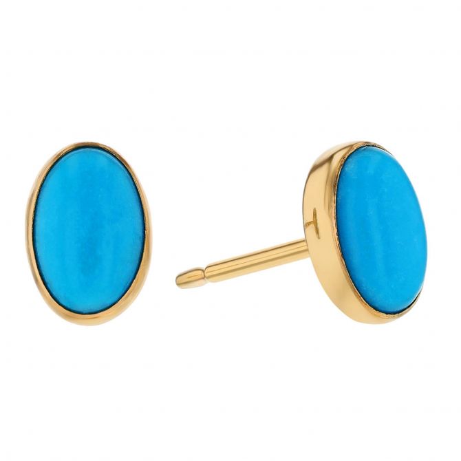Oval Cabochon Turquoise Bezel Set Stud Earrings in Yellow Gold