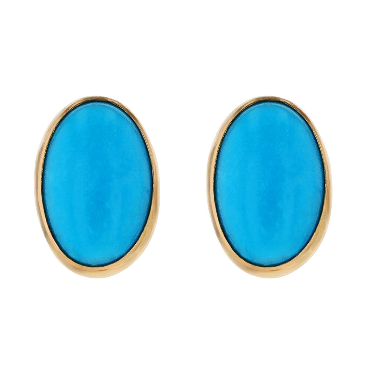 Oval Cabochon Turquoise Bezel Set Stud Earrings in Yellow Gold