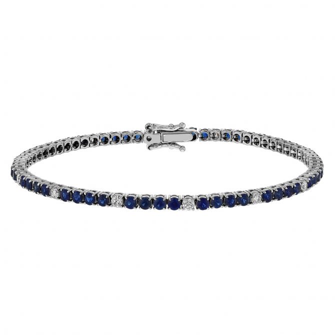 Round Sapphire & Diamond Tennis Bracelet in White Gold, 7"