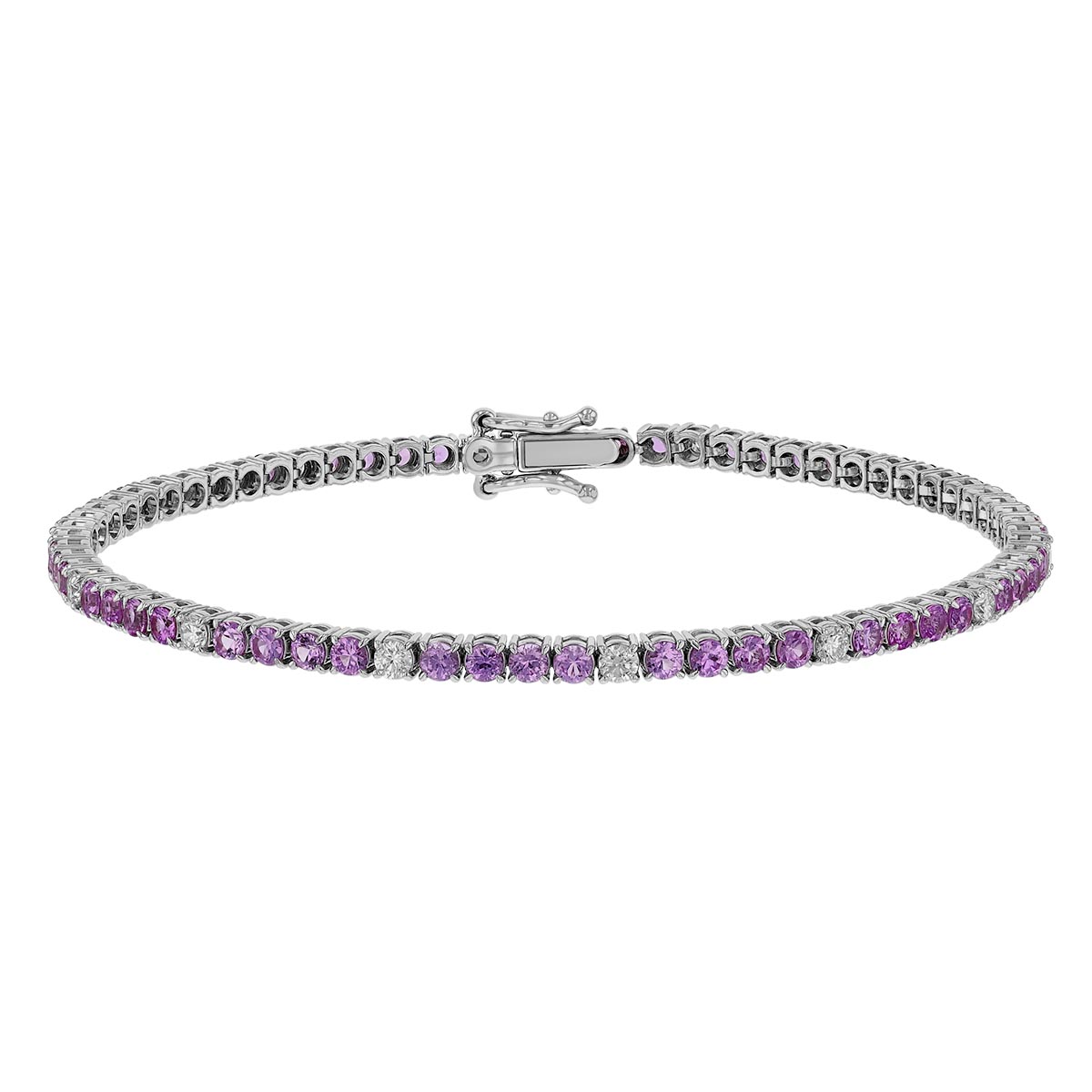 Round Pink Sapphire & Diamond Tennis Bracelet in White Gold, 7