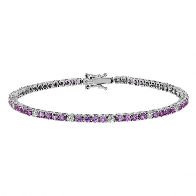 Round Pink Sapphire & Diamond Tennis Bracelet in White Gold, 7"