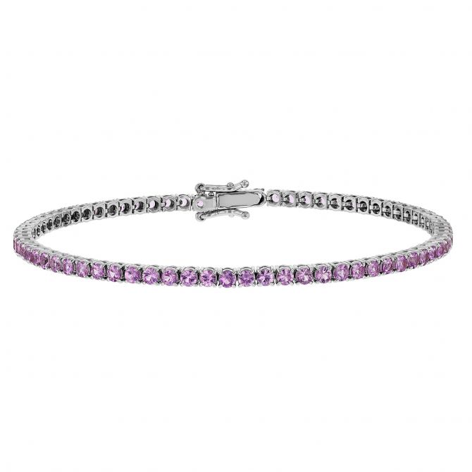 Round Pink Sapphire Tennis Bracelet in White Gold, 7", 3.36 tw