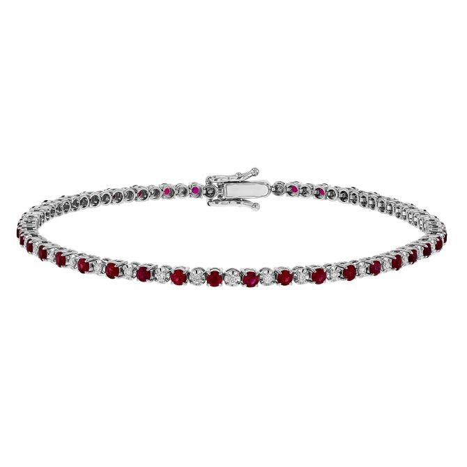 Ruby & Diamond Alternating Tennis Bracelet in White Gold, 7", 1.92 tw