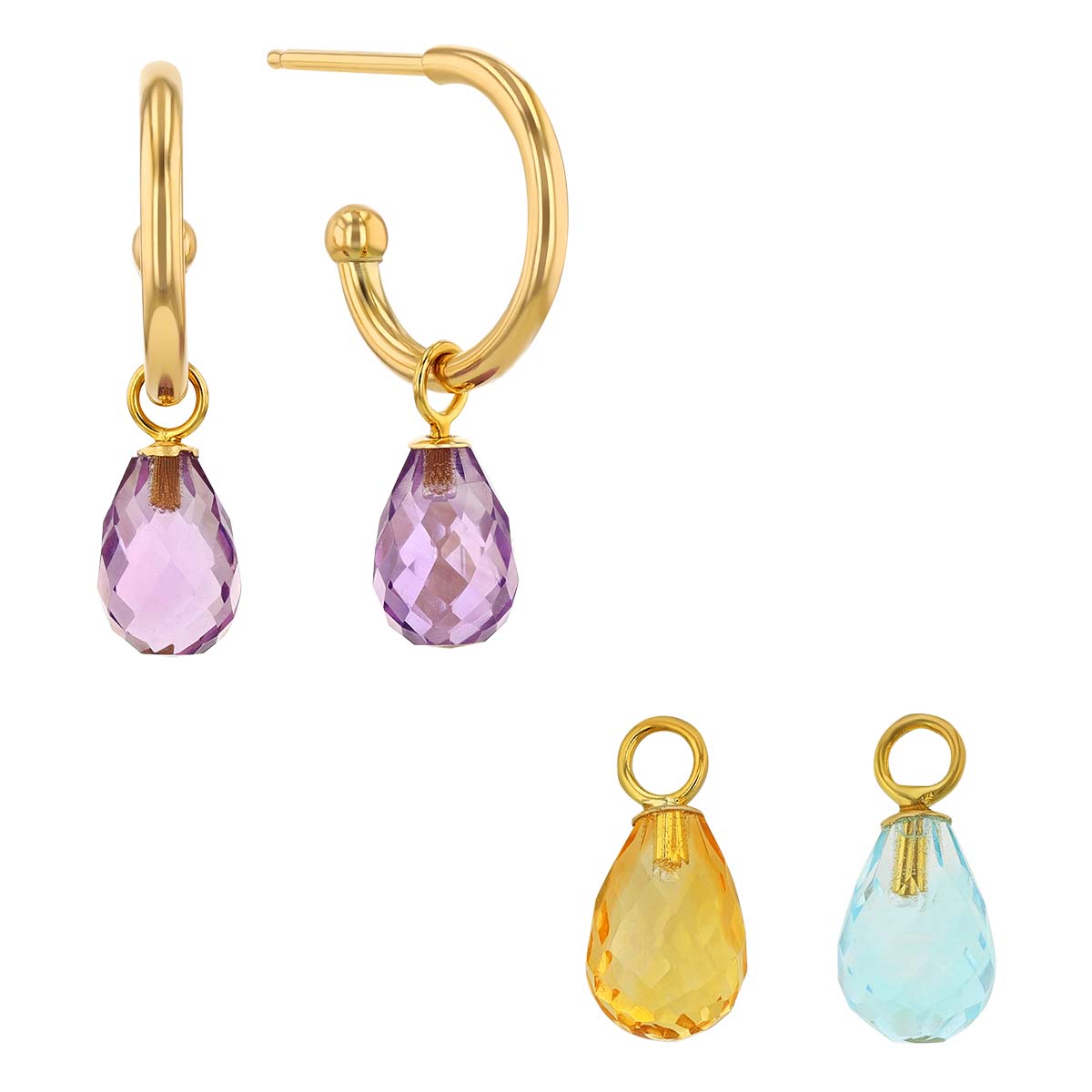 Set of 3 Interchangeable Gemstone Briolette Drop Hoop Post Earrings in Yellow Gold