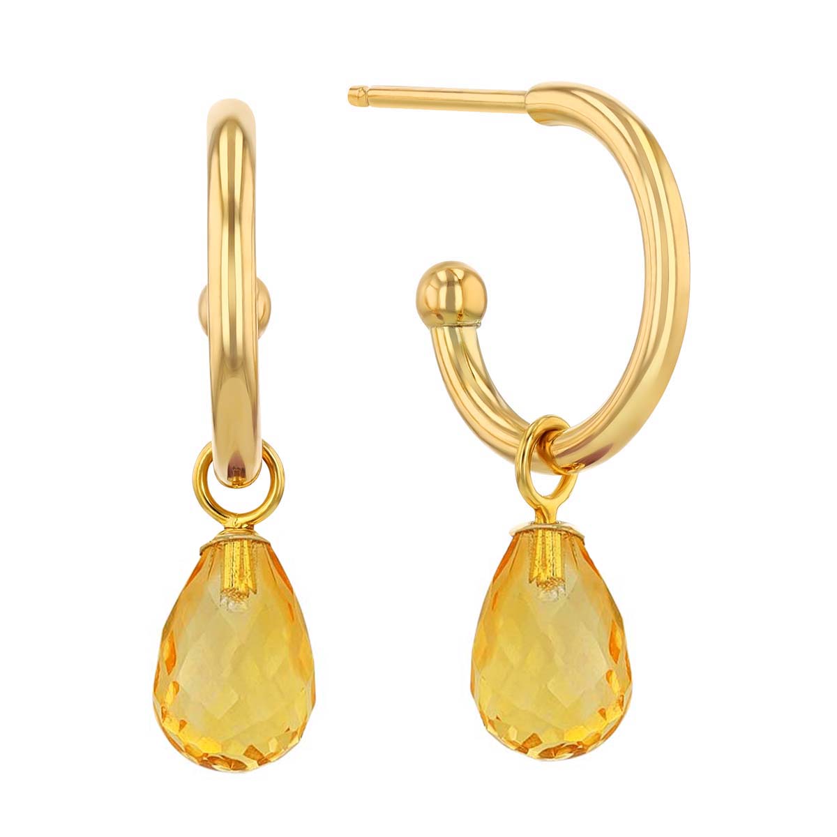 Set of 3 Interchangeable Gemstone Briolette Drop Hoop Post Earrings in Yellow Gold