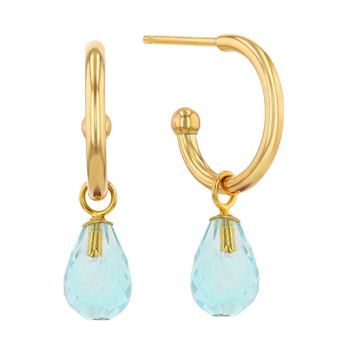 Set of 3 Interchangeable Gemstone Briolette Drop Hoop Post Earrings in Yellow Gold