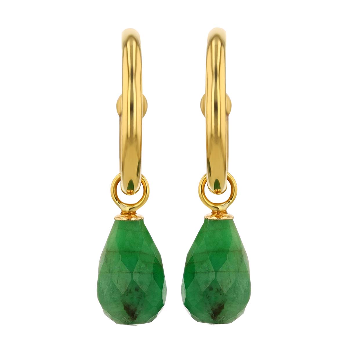 Emerald Briolette Drop Hoop Post Earrings in Yellow Gold