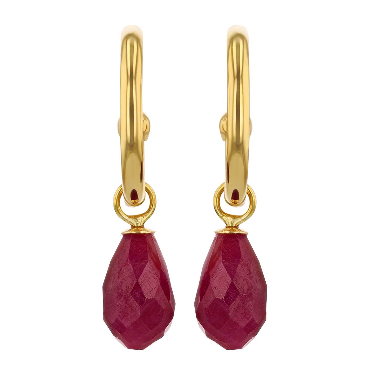 Ruby Briolette Drop Hoop Post Earrings in Yellow Gold