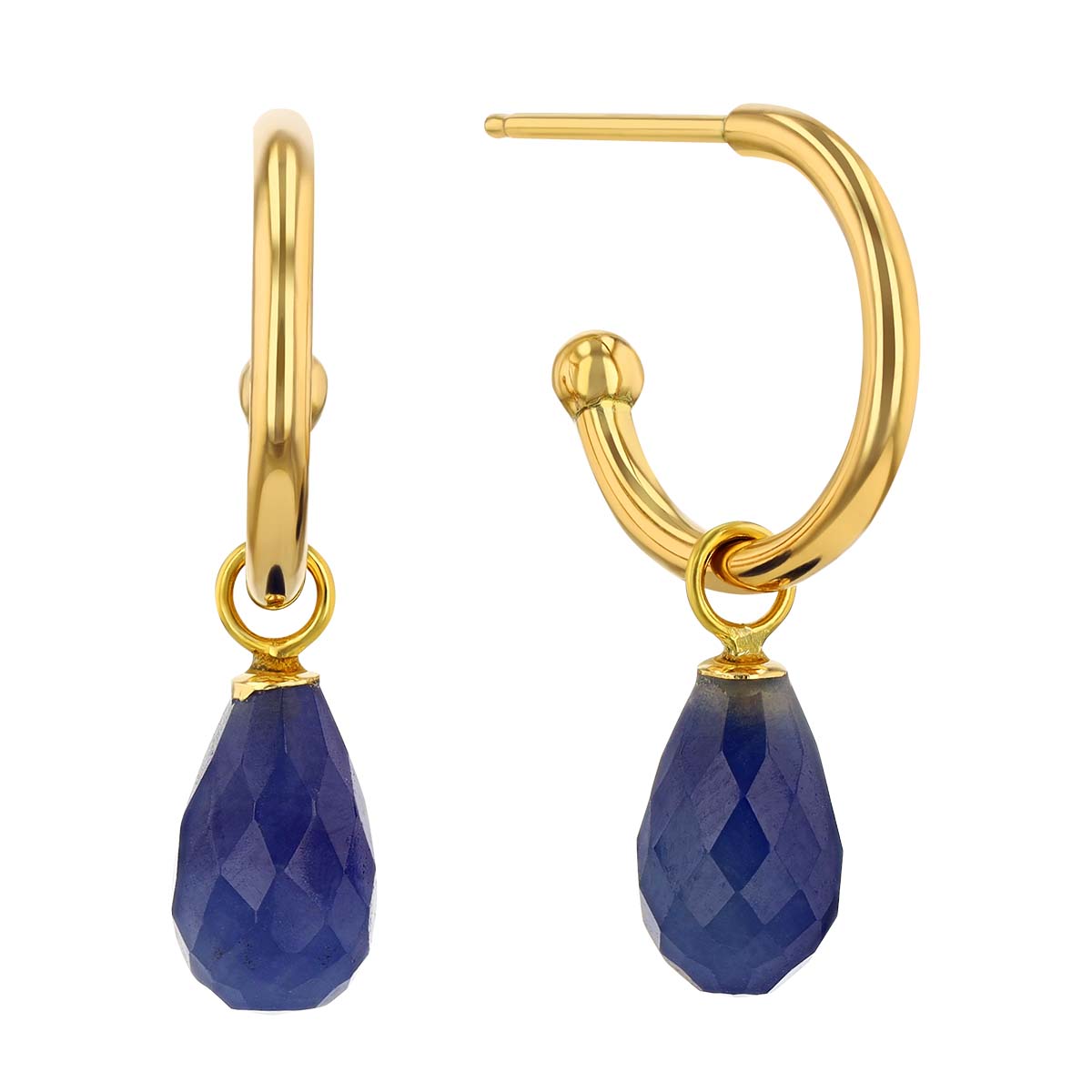 Sapphire Briolette Drop Hoop Post Earrings in Yellow Gold