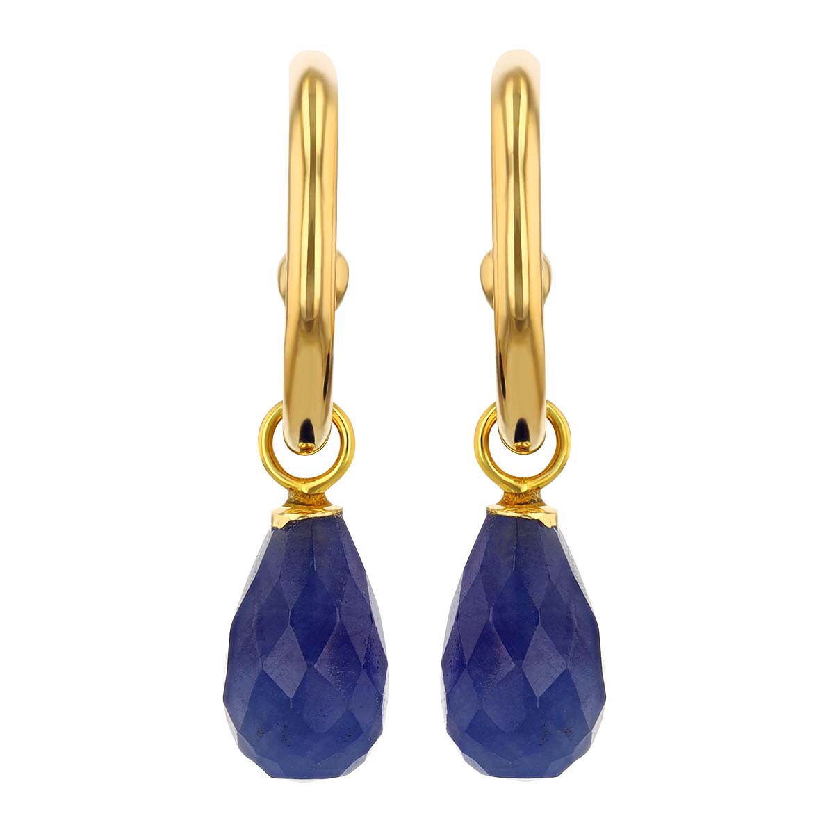 Sapphire Briolette Drop Hoop Post Earrings in Yellow Gold