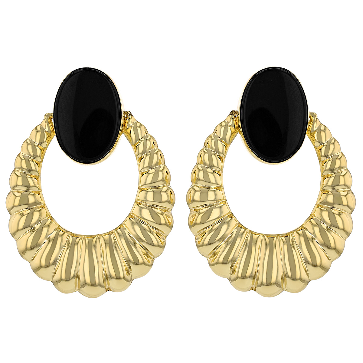 Oval Onyx Chalcedony & Yellow Gold Circle Drop Earrings