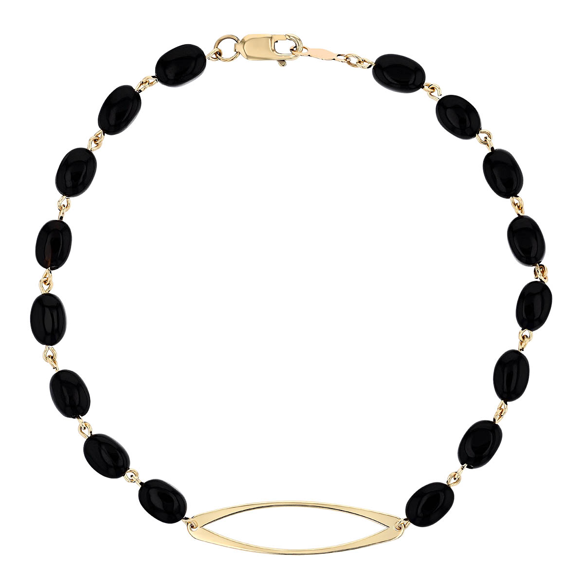 Black Onyx Chalcedony Bead & Marquise Shaped Yellow Gold Link Bracelet, 7.25