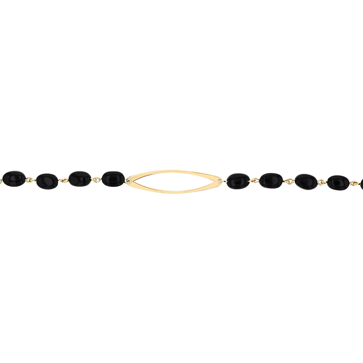 Black Onyx Chalcedony Bead & Marquise Shaped Yellow Gold Link Bracelet, 7.25