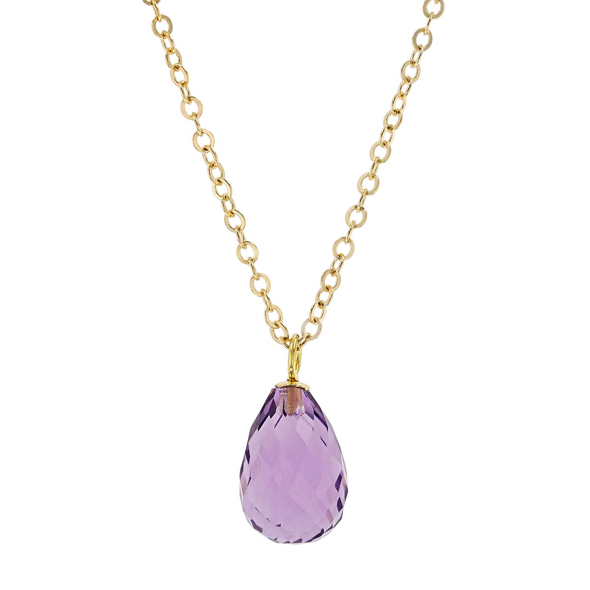 Amethyst Briolette Solitaire Pendant in Yellow Gold, 19