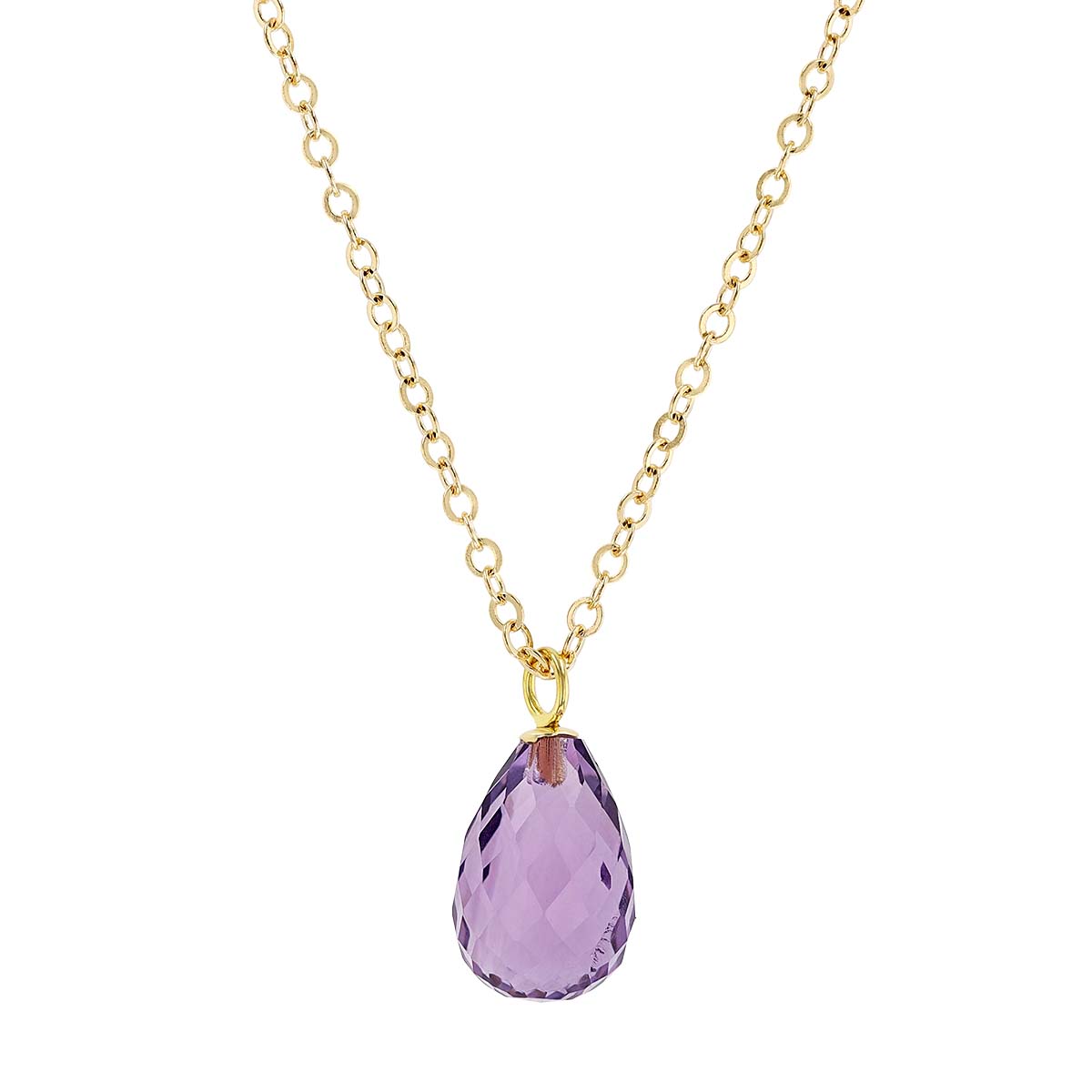 Amethyst Briolette Solitaire Pendant in Yellow Gold, 19