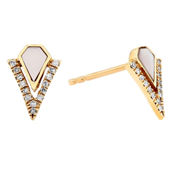 Doves Mother of Pearl & Diamond V-Shape Stud Earrings in Yellow Gold