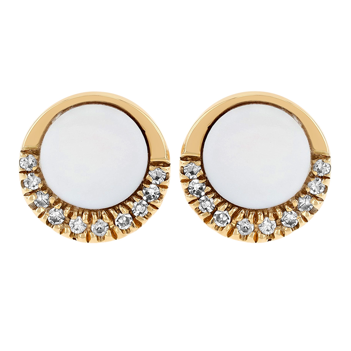 Doves Mother of Pearl & Diamond Round Stud Earrings in Yellow Gold