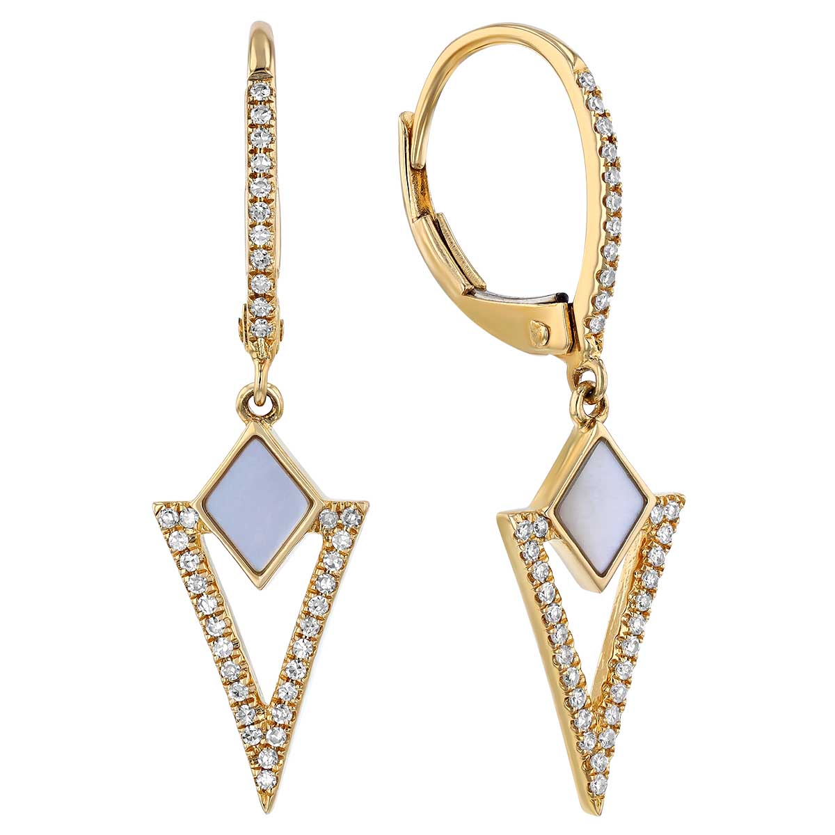 Doves Mother of Pearl & Diamond Geometric Dangle Hoop Earrings in Yellow Gold